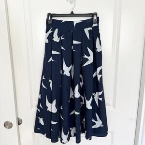 eShakti Large Bird Print Pleated High Waisted Midi Skirt Blue White 2
